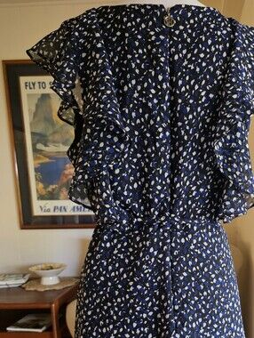 Tommy Hilfiger Navy & White Floral Ruffle V-Neck Dress L